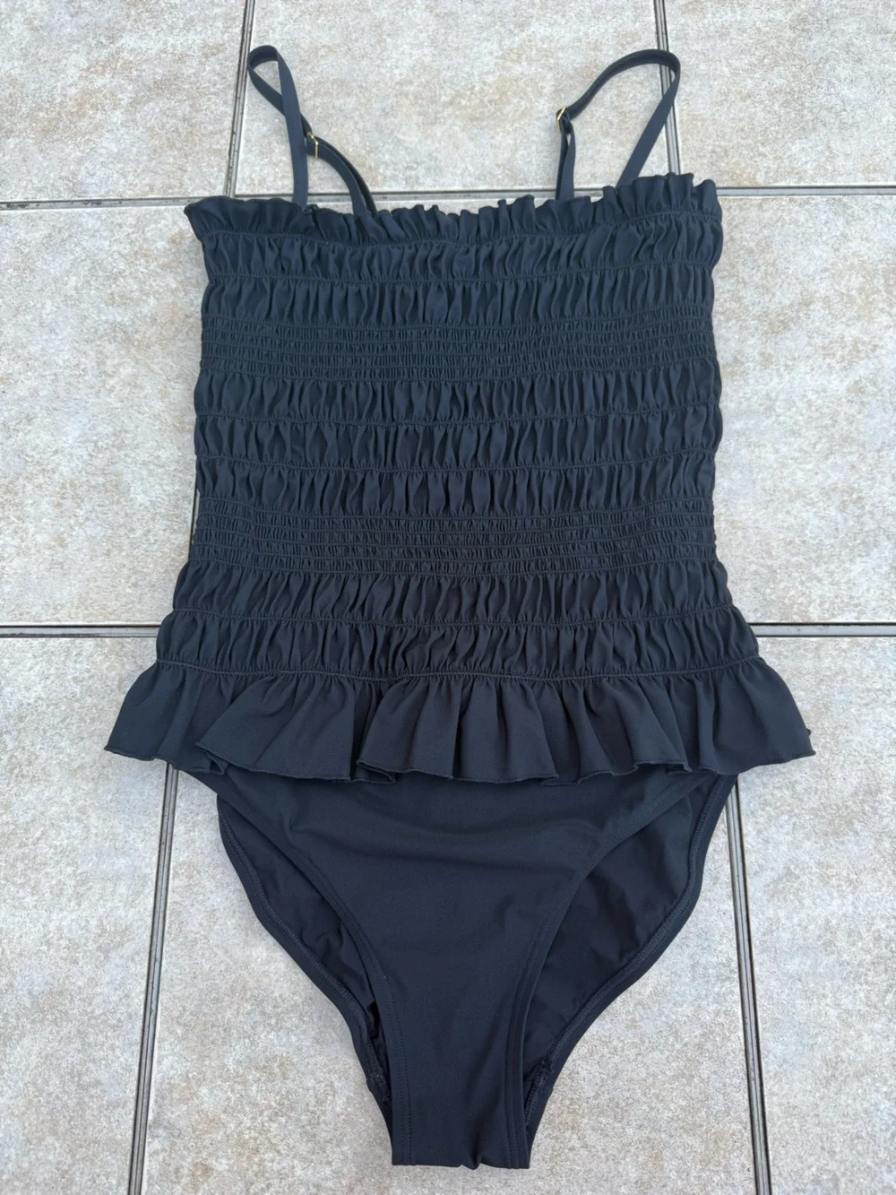 Tory Burch Women's Costa Smocked One Piece Ruffled Swimsuit, Black